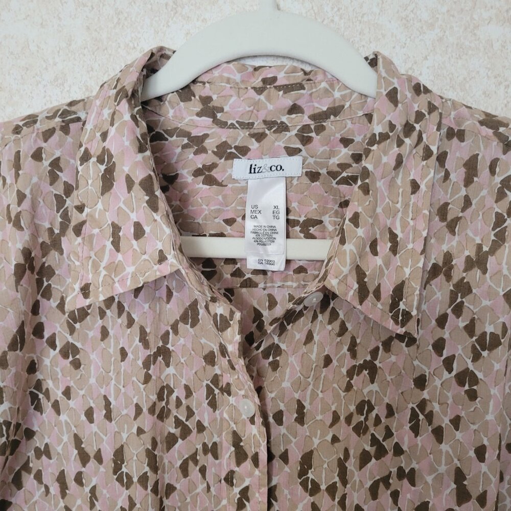 Liz & Co. Pink Tan Brown Womens Long Sleeve Button Blouse XL